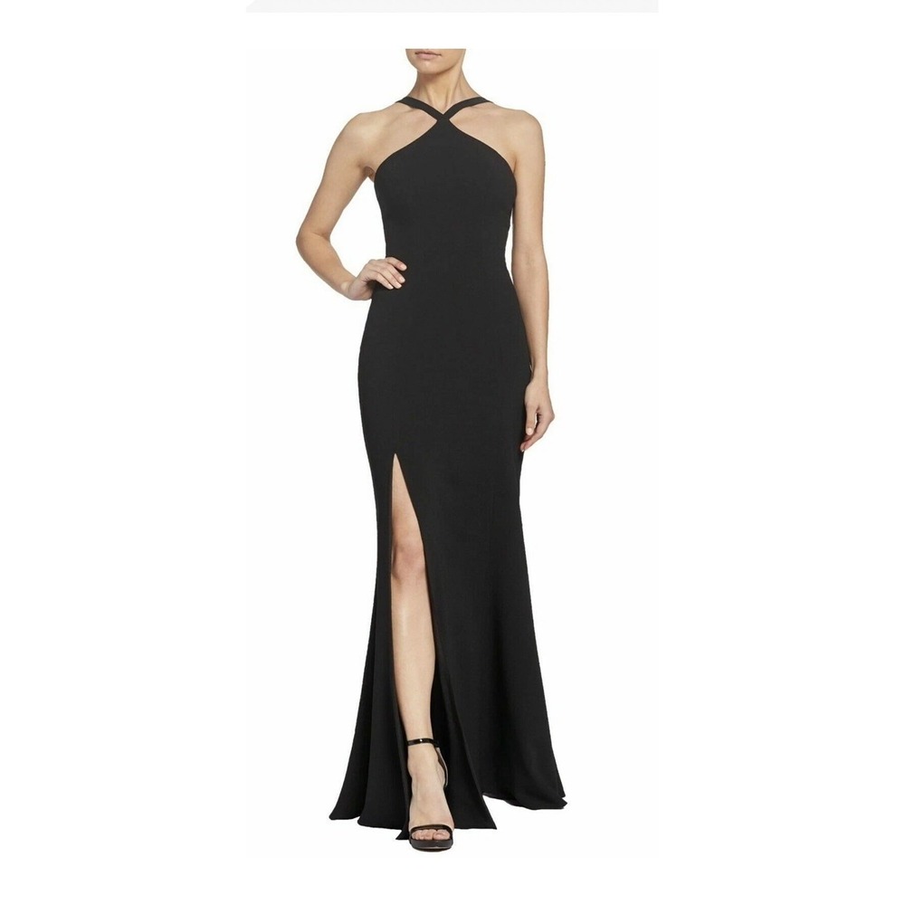 Dress the Population Brianna Gown Women Size Medium Black Halter Slit Maxi Dress